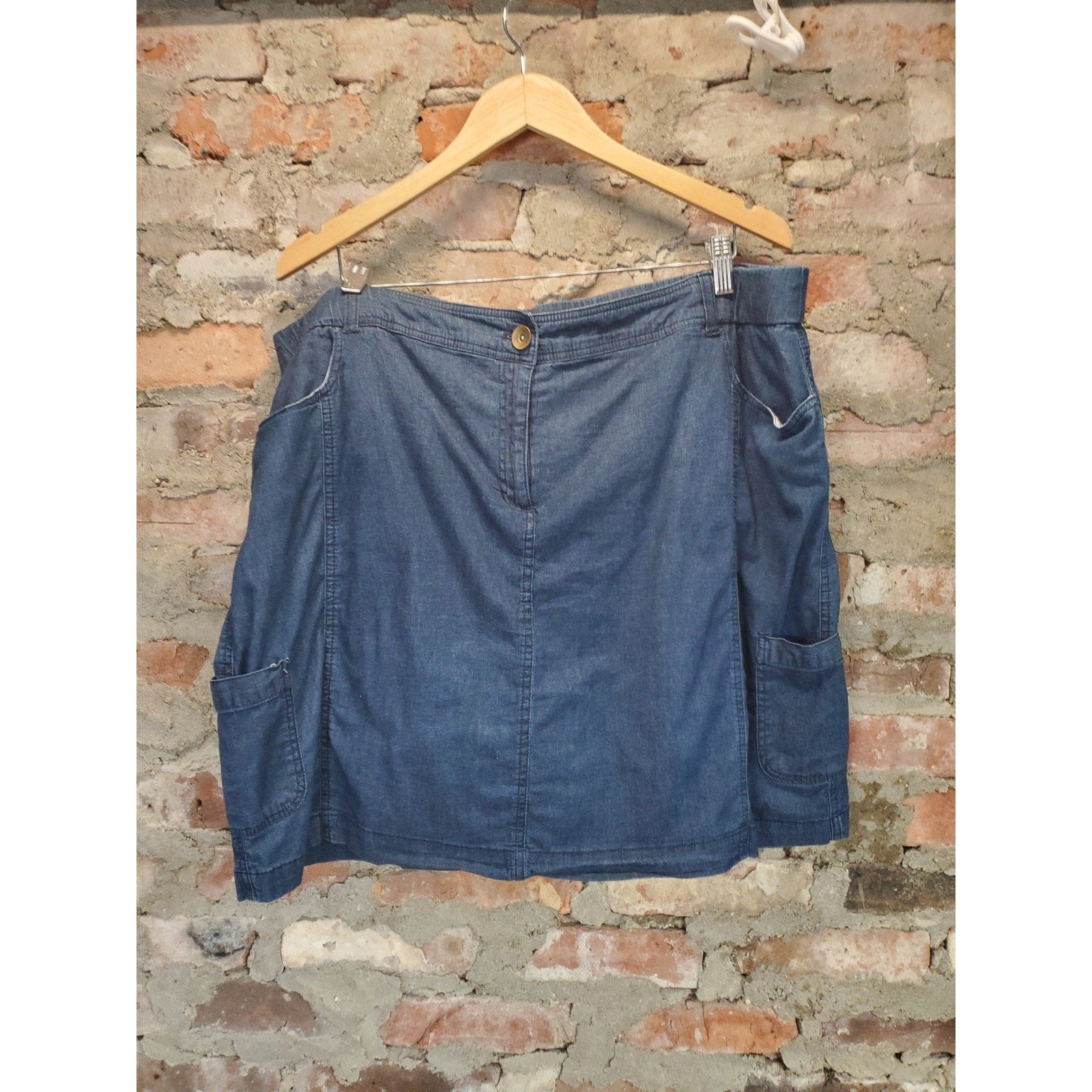 Womens Plus Size Denim Mini Skirt 18W Blue Elastic Waist Cargo Pockets A Line