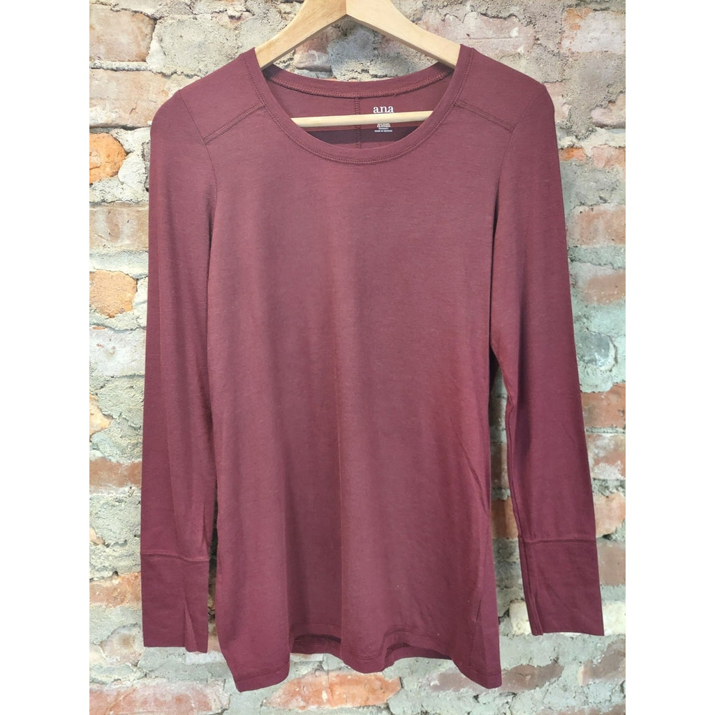 Ana Womens Long Sleeve Shirt XS Maroon Cotton Modal Blend Stretch Top