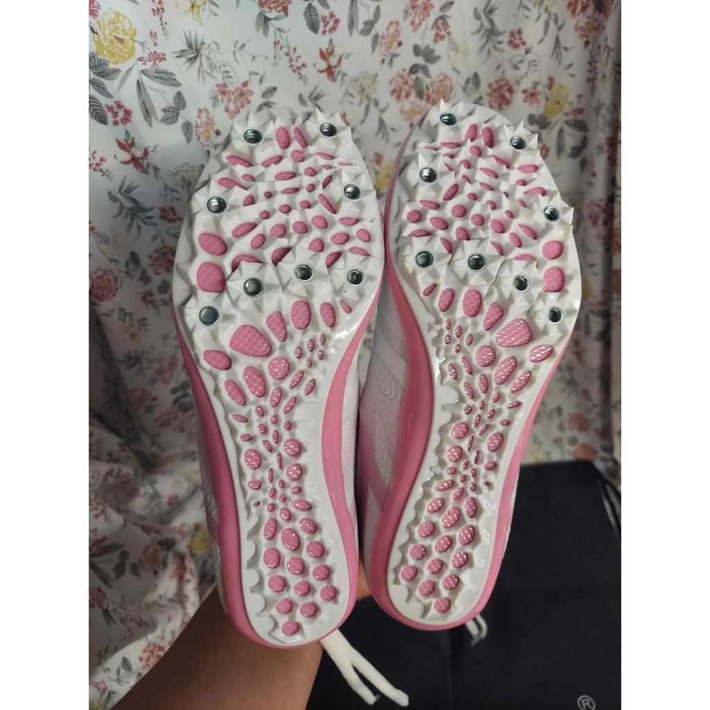 THESTRON Girls Sz 8 Track Spikes Running Sprint Racing Shoes White Pink Athletic