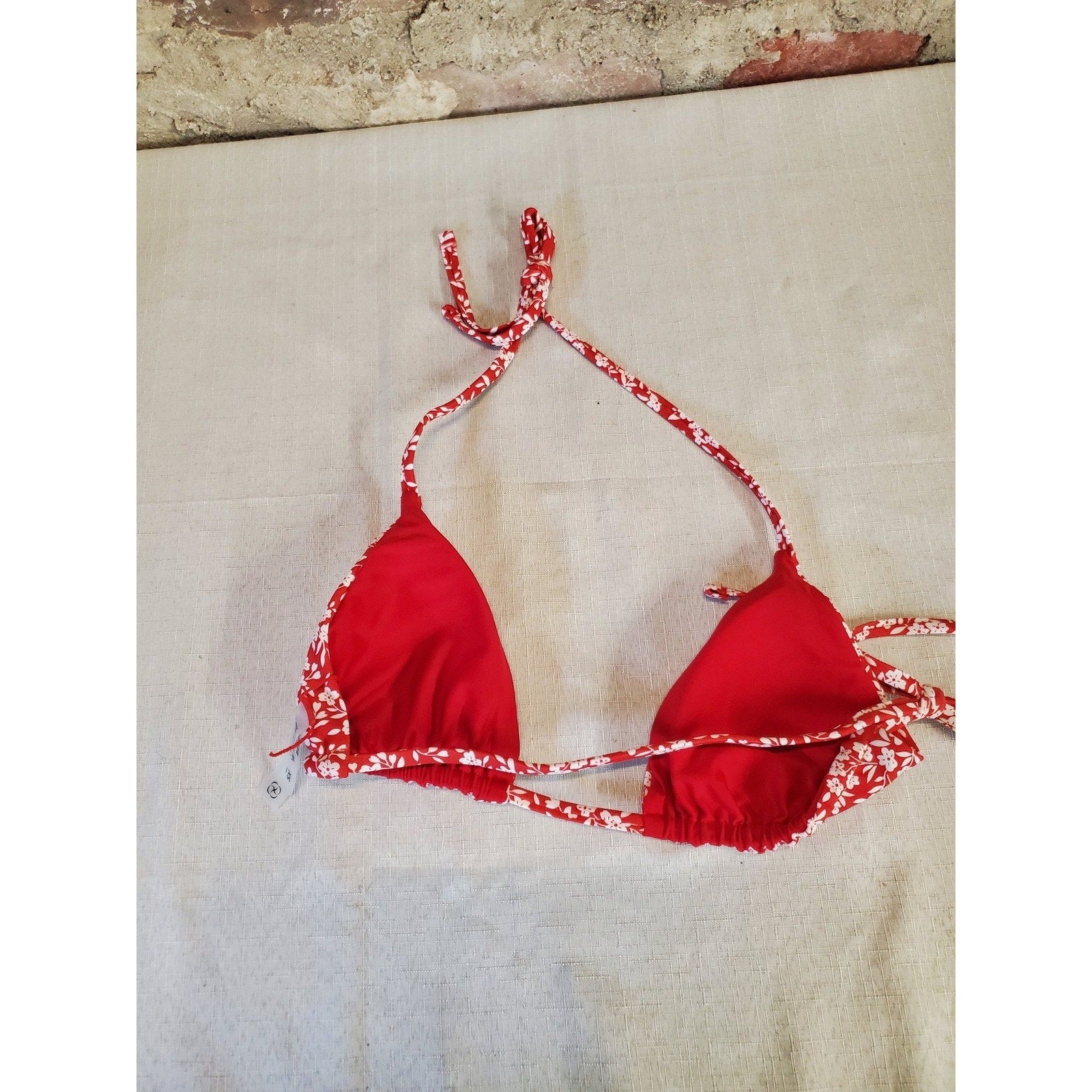 BERLOOK Womens Bikini Top XS Red White Floral Triangle Halter Tie Swim