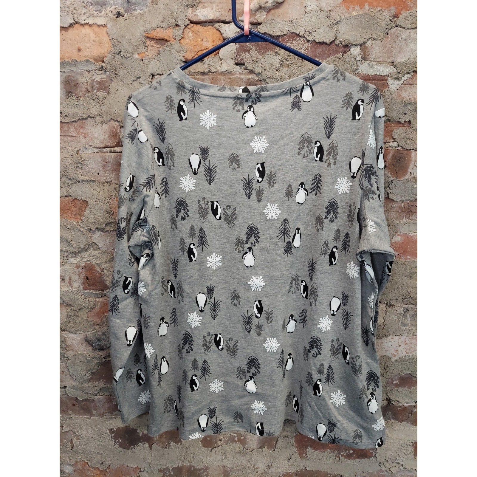 Hasting & Smith Womens XL Long Sleeve Shirt Gray Penguin Snowflake Print