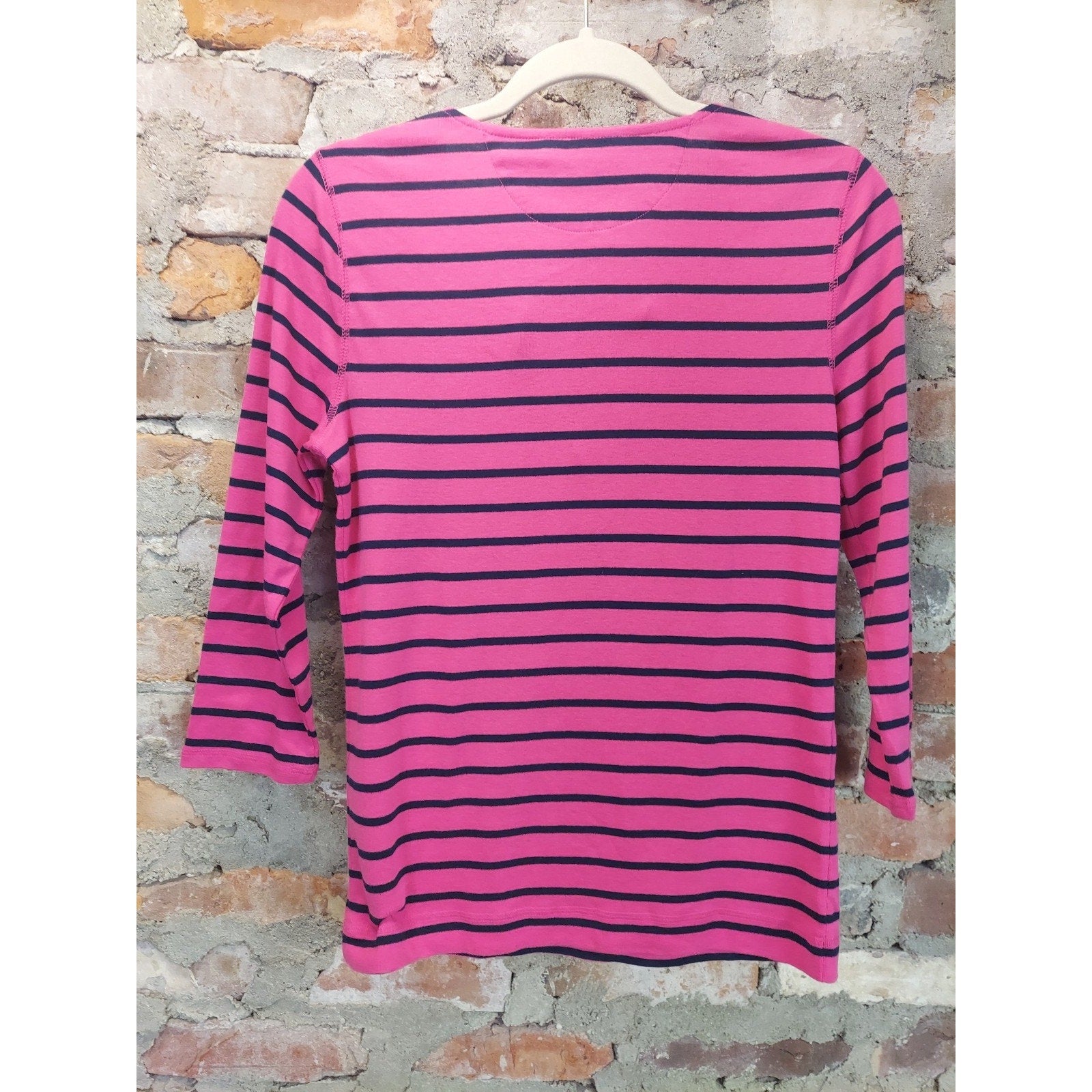 LAUREN RALPH Womens Henley Top Striped 3/4 Sleeve Denim Collar S Pink Navy