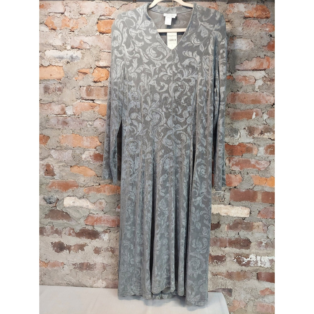 Coldwater Creek Womens Dress L Gray Embossed Velvet V Neck Long Sleeve Midi