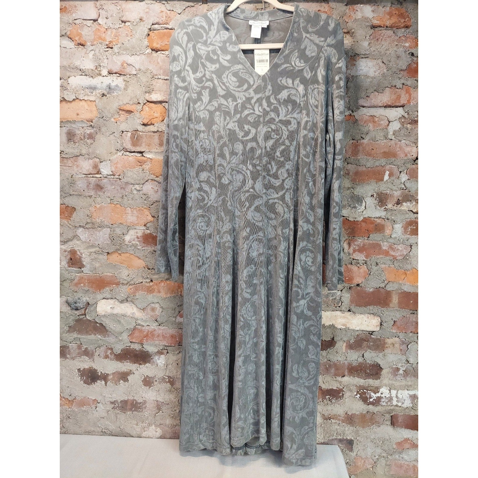 Coldwater Creek Womens Dress L Gray Embossed Velvet V Neck Long Sleeve Midi