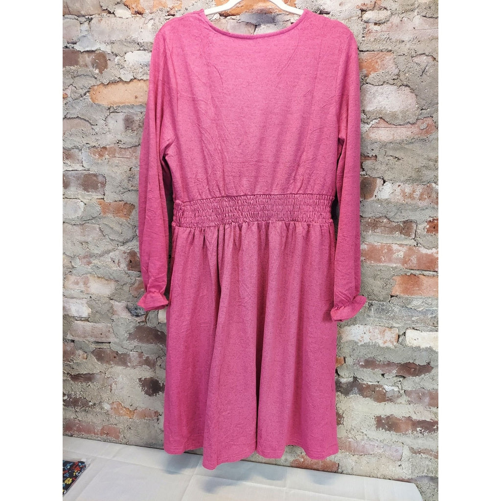 Womens Dress XL Pink Long Sleeve V Neck Smocked Waist A-Line Casual Pockets