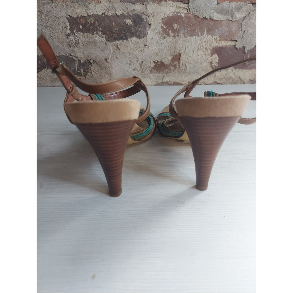 Bandolino Womens Strappy High Heel Sandals 7M Tan Teal Green Multicolor 3 Inch