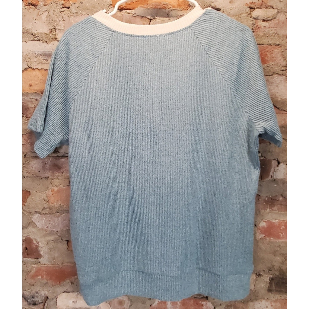 Richstory Womens Henley Knit Top L Blue Beige Colorblock Ribbed Short Sleeve