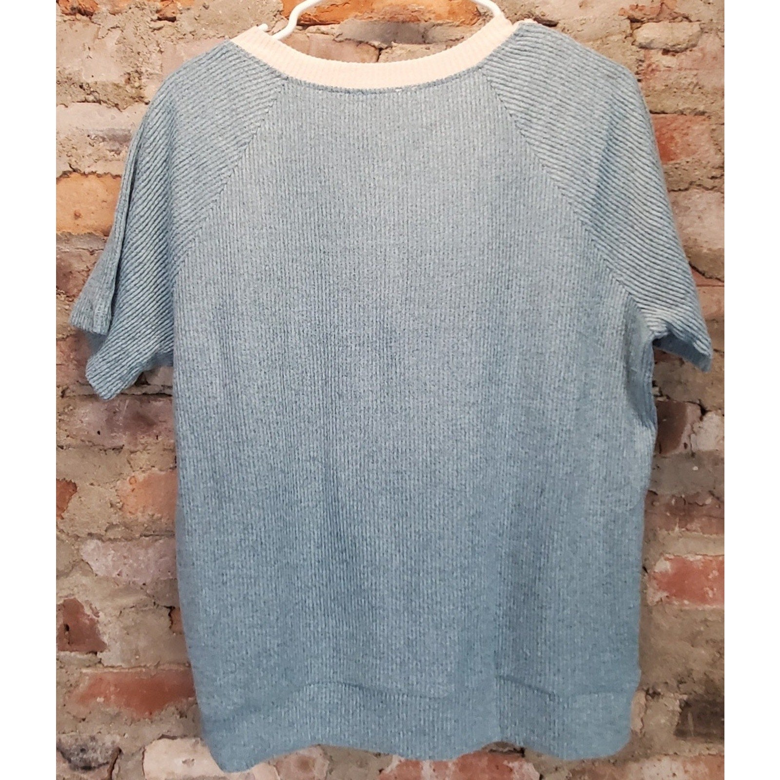 Richstory Womens Henley Knit Top L Blue Beige Colorblock Ribbed Short Sleeve