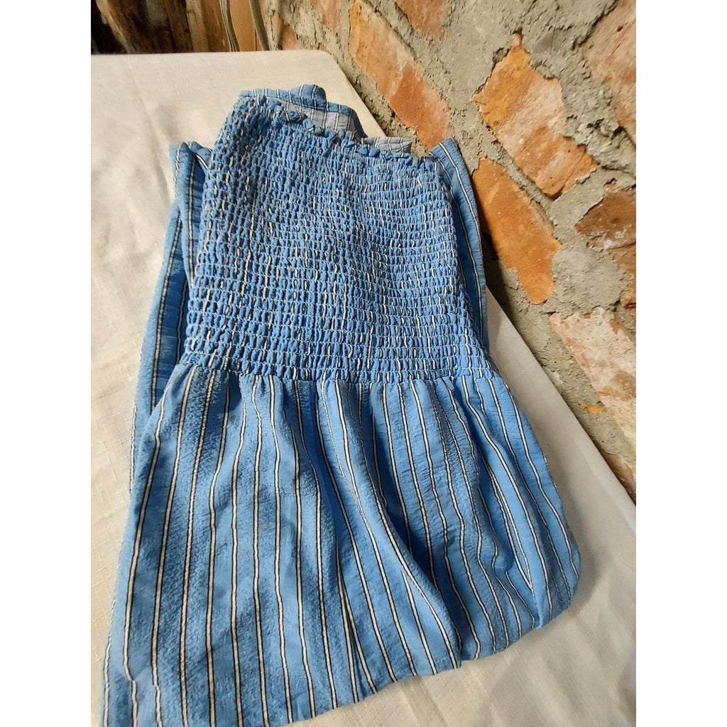 FOREVER 21+ Womens Plus Size 2X Blue Striped Smocked Strapless Wide Leg Jumpsuit