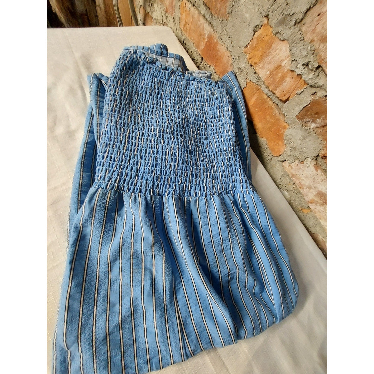 FOREVER 21+ Womens Plus Size 2X Blue Striped Smocked Strapless Wide Leg Jumpsuit
