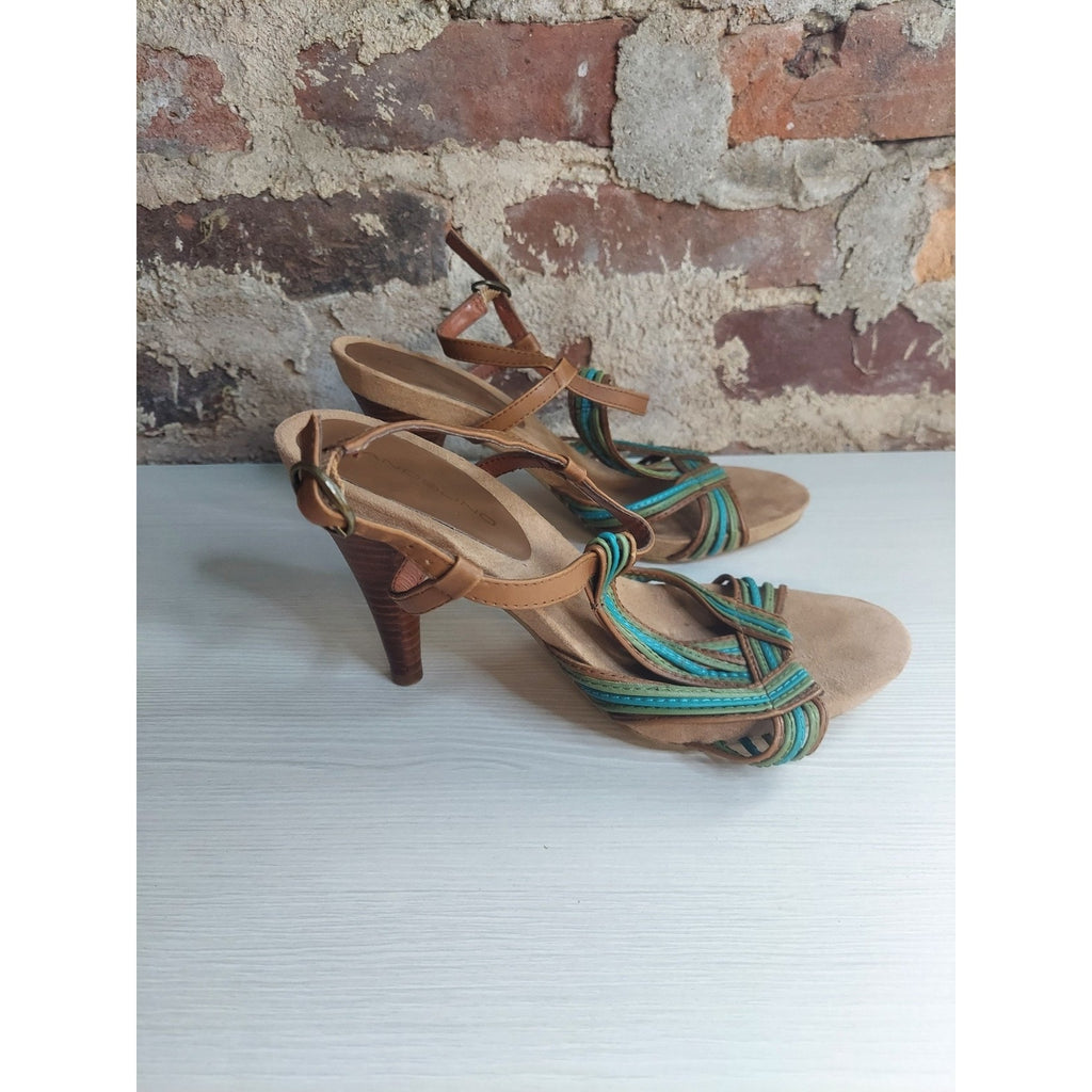 Bandolino Womens Strappy High Heel Sandals 7M Tan Teal Green Multicolor 3 Inch