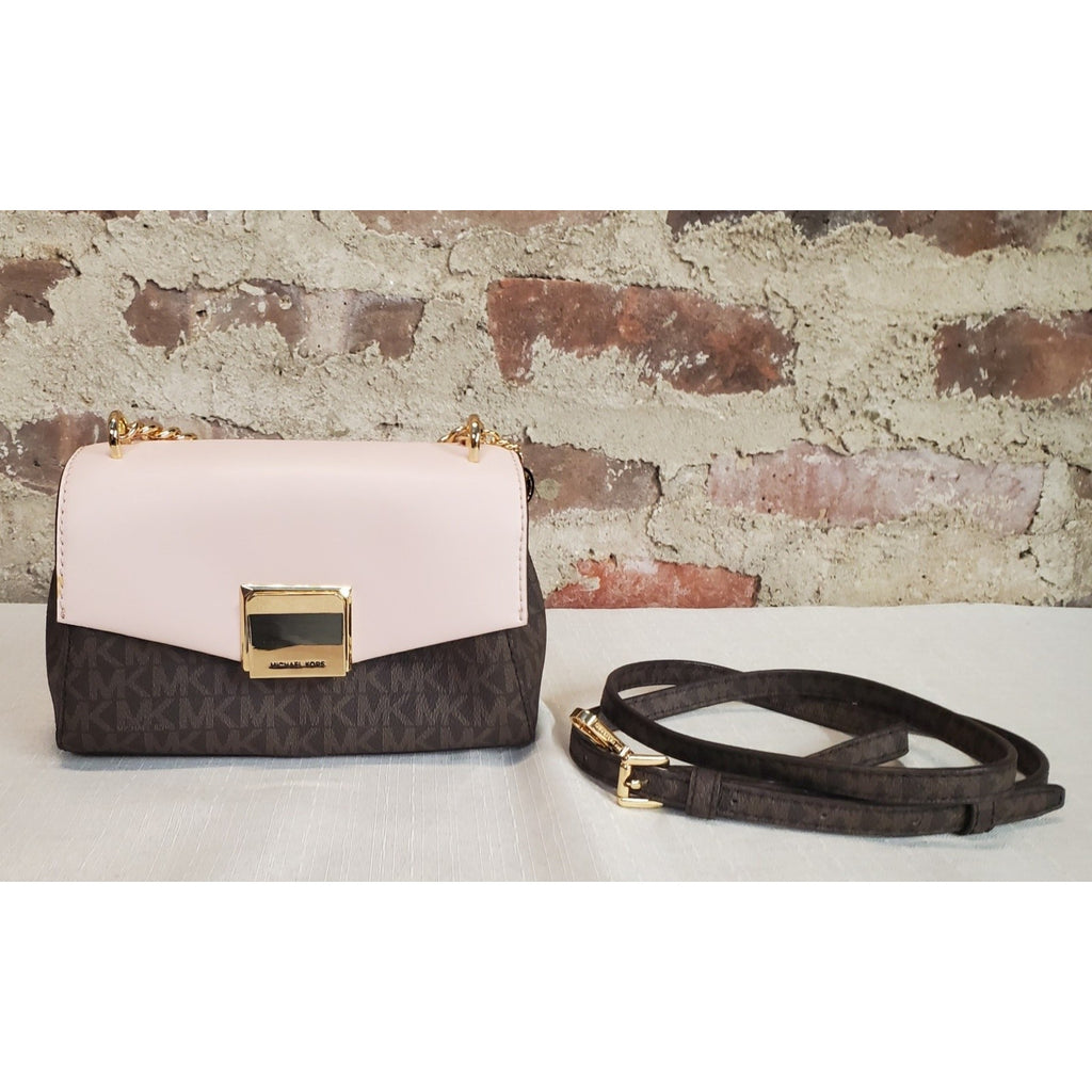 Michael Kors Womens MK Logo Pink Brown Crossbody Shoulder Handbag Gold Tone