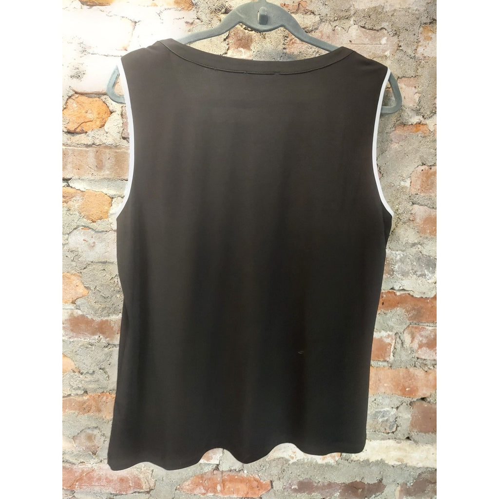 Calvin Klein Womens Sleeveless Blouse Tank Top XL Black White V Neck Piping