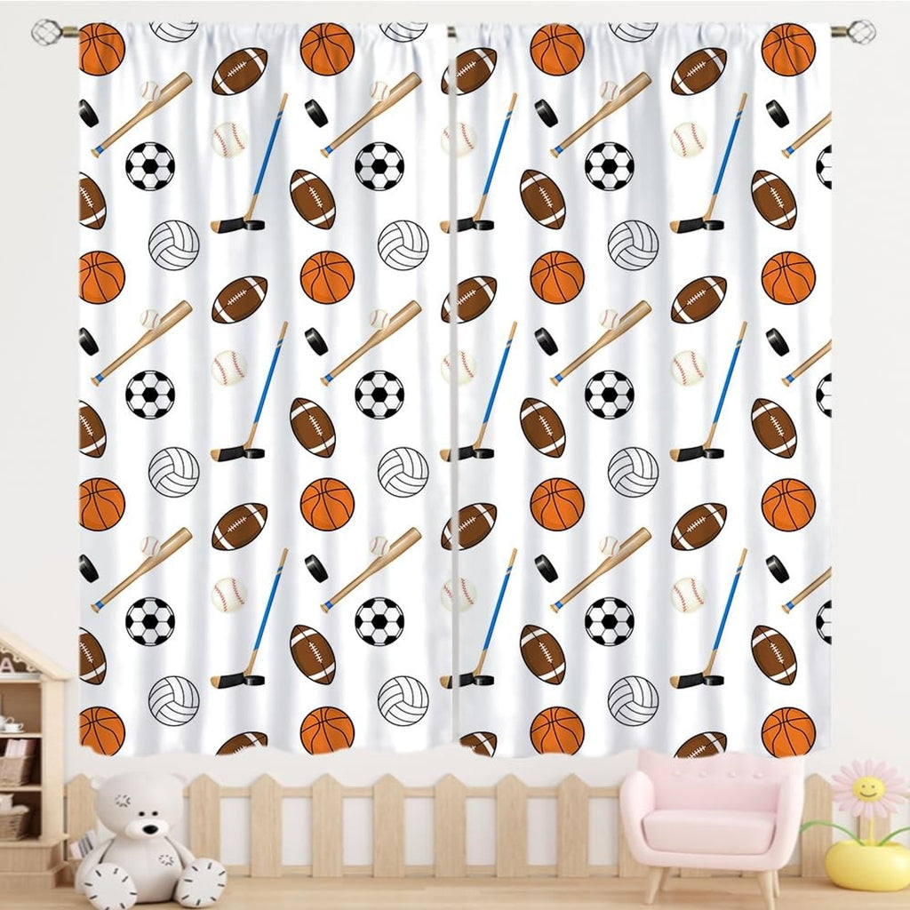 Kids Boys Room Sports Theme Curtains Drapes Panel Set White 42x45 inch