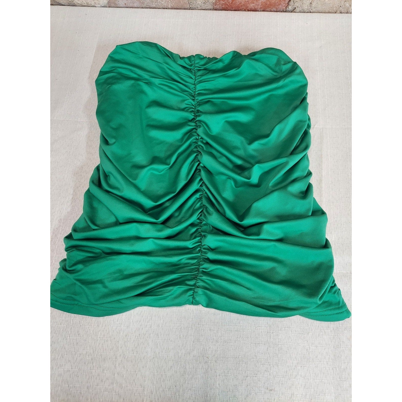 Womens Strapless Ruched Tube Top Shirt Size S Green Spandex Polyester
