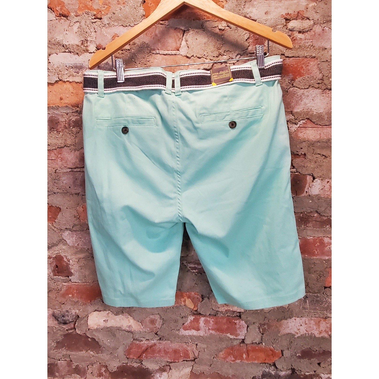 True Rock Mens Size 34 Mint Green Chino Shorts Belted Flat Front Pockets