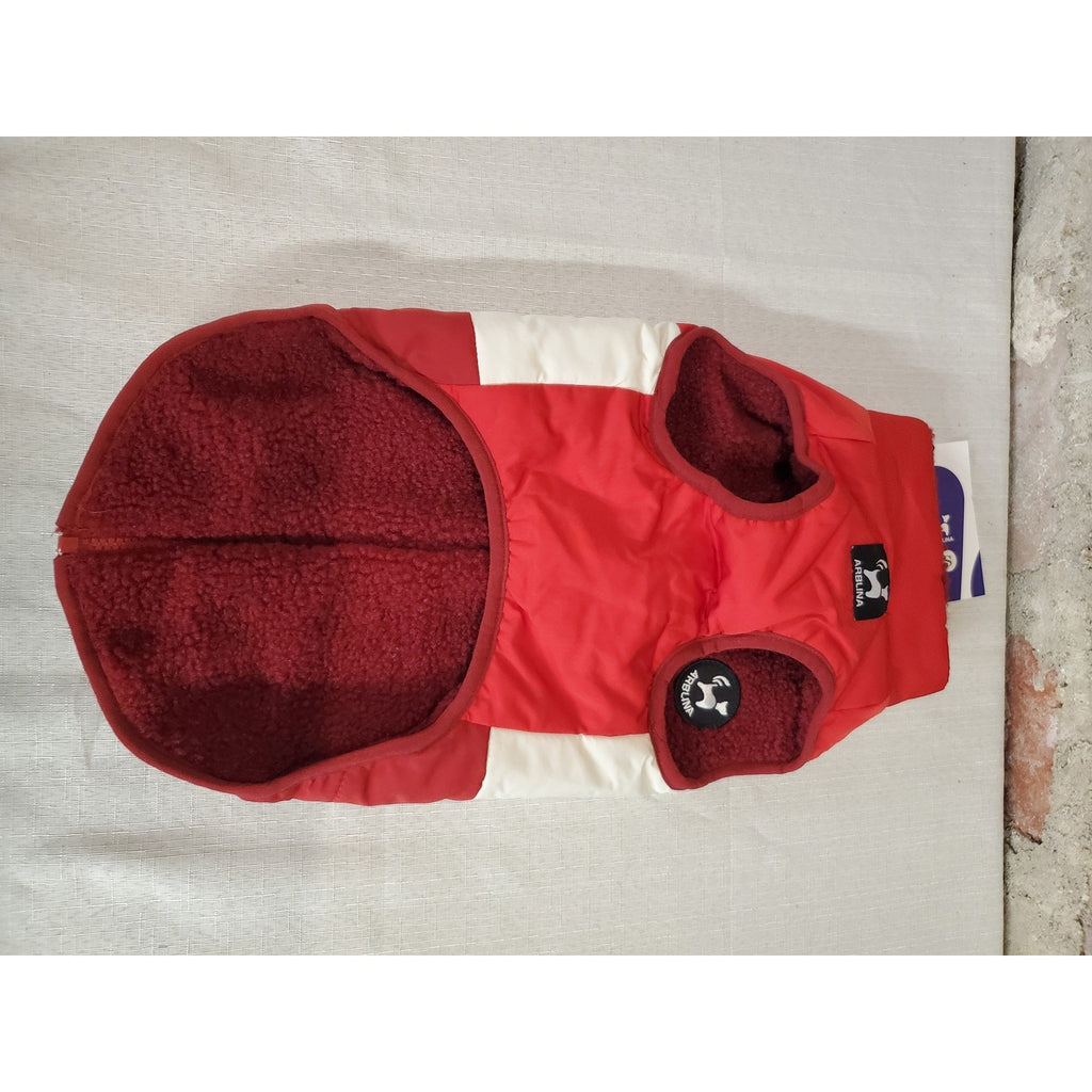 ARBLUNA Dog Winter Coat S Red White Puffer Full Zip Reversible Warm Fleece Lined