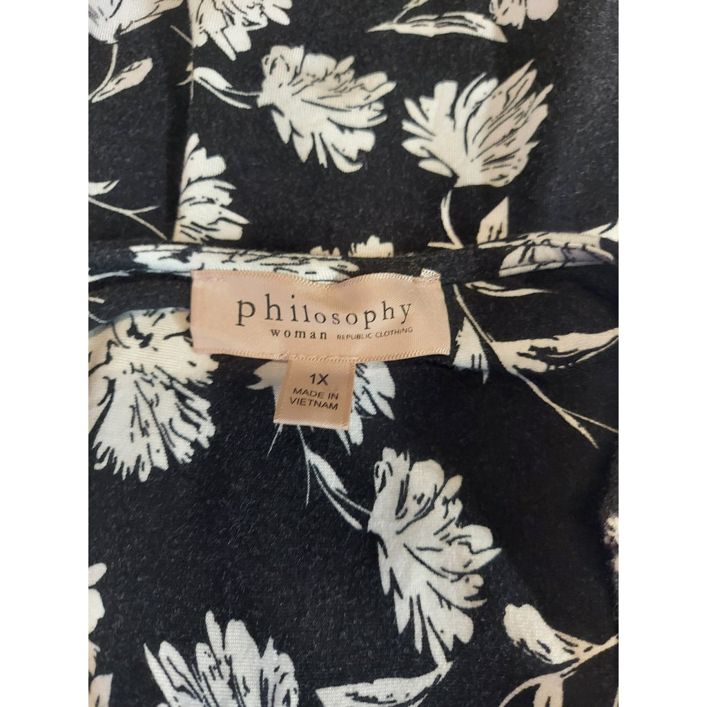 Philosophy Womens Top 1X Black White Floral Short Sleeve High Low Hem Rayon