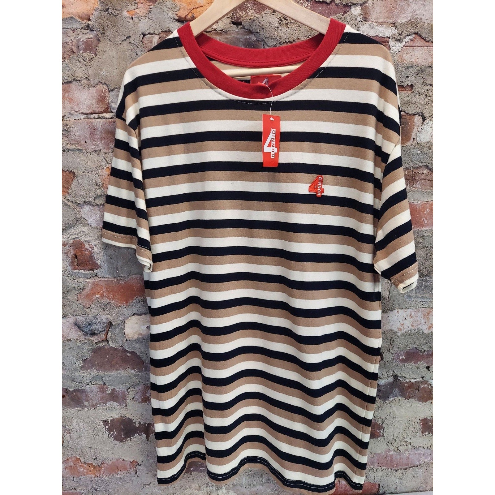 4 Hunnid Mens T-Shirt Large Multicolor Striped Short Sleeve Red Ringer NWT