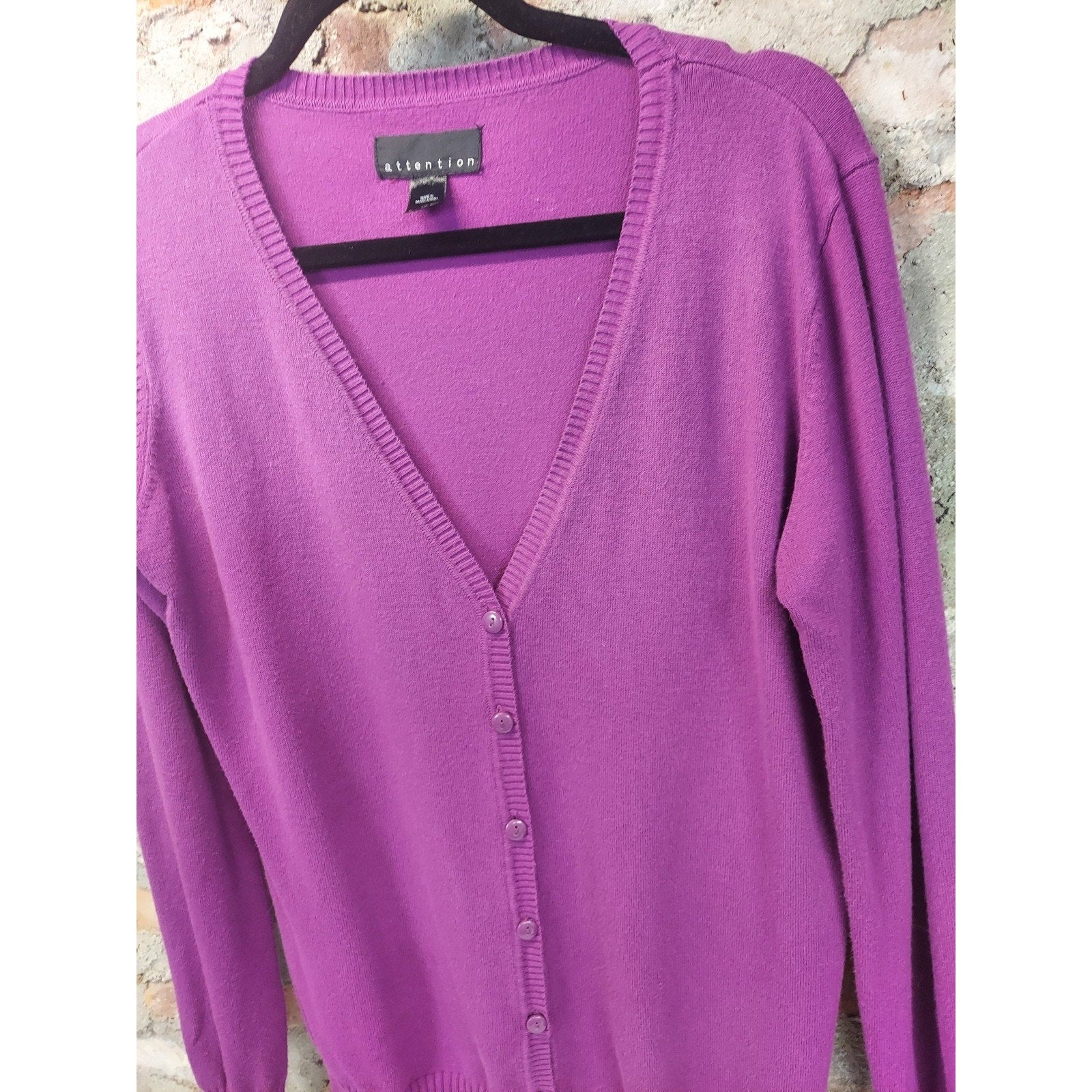 Attention Womens Cardigan XL Purple V Neck Button Up Long Sleeve Sweater