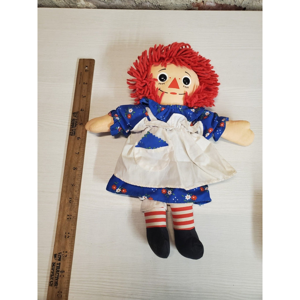 Raggedy Ann Doll Vintage 12" Tall Red Yarn Hair Blue Floral Dress Stuffed Toy