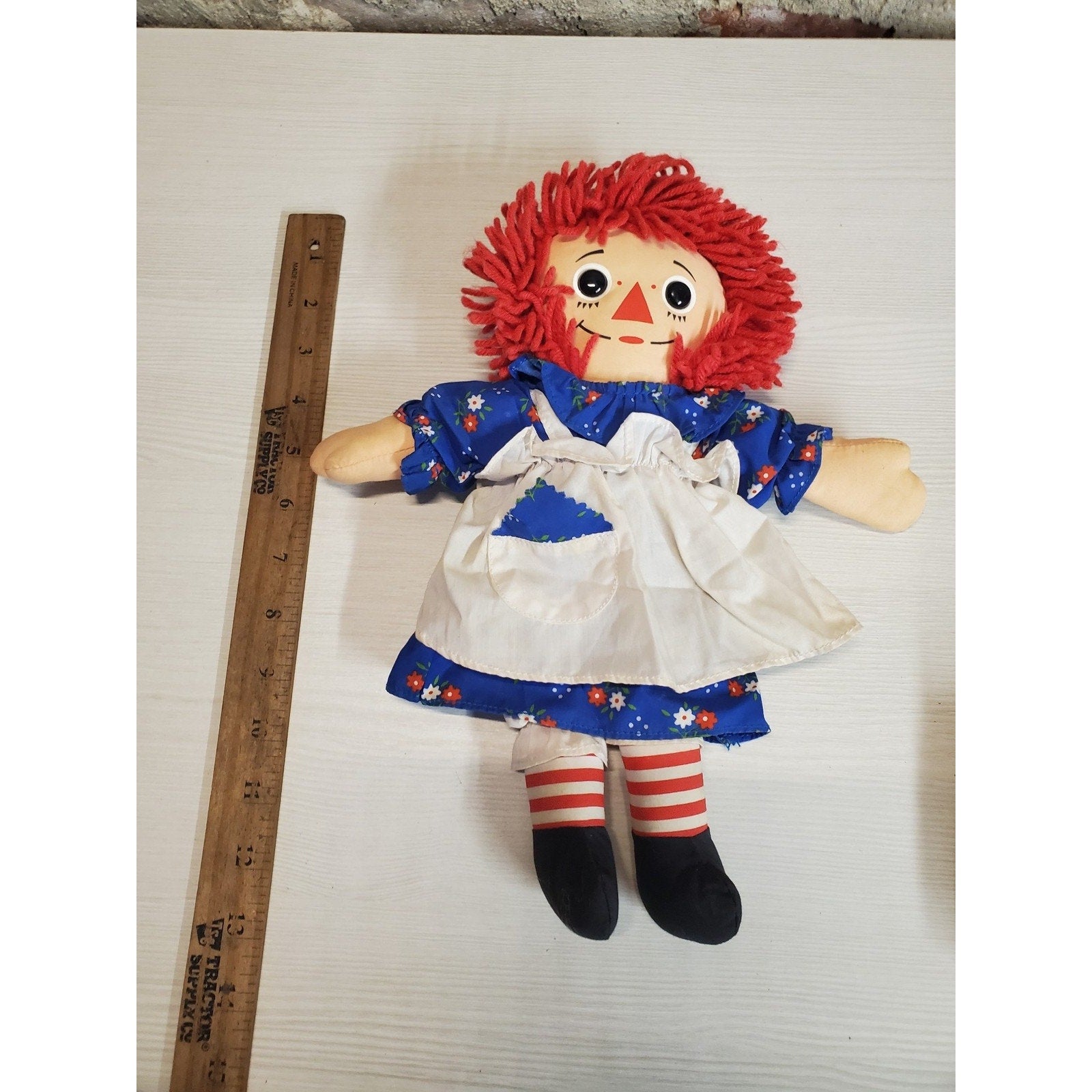 Raggedy Ann Doll Vintage 12" Tall Red Yarn Hair Blue Floral Dress Stuffed Toy