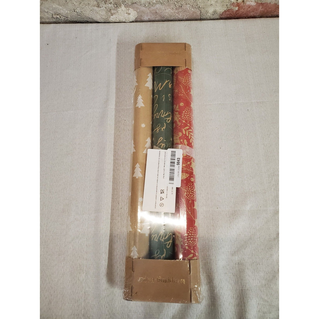 Christmas Wrapping Paper 3 Rolls Holiday Gift Wrap Set Red Green Kraft Gold