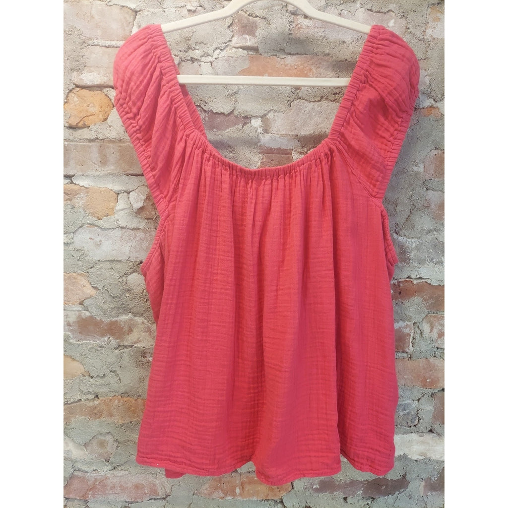 Old Navy Womens Flutter Sleeve Top XXL Pink Crinkle Gauze Peasant Smocked
