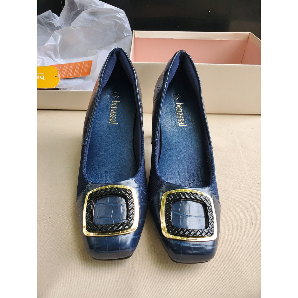 Benassal Womens Pumps Size 5 Navy Blue Crocodile Embossed Buckle Accent Block