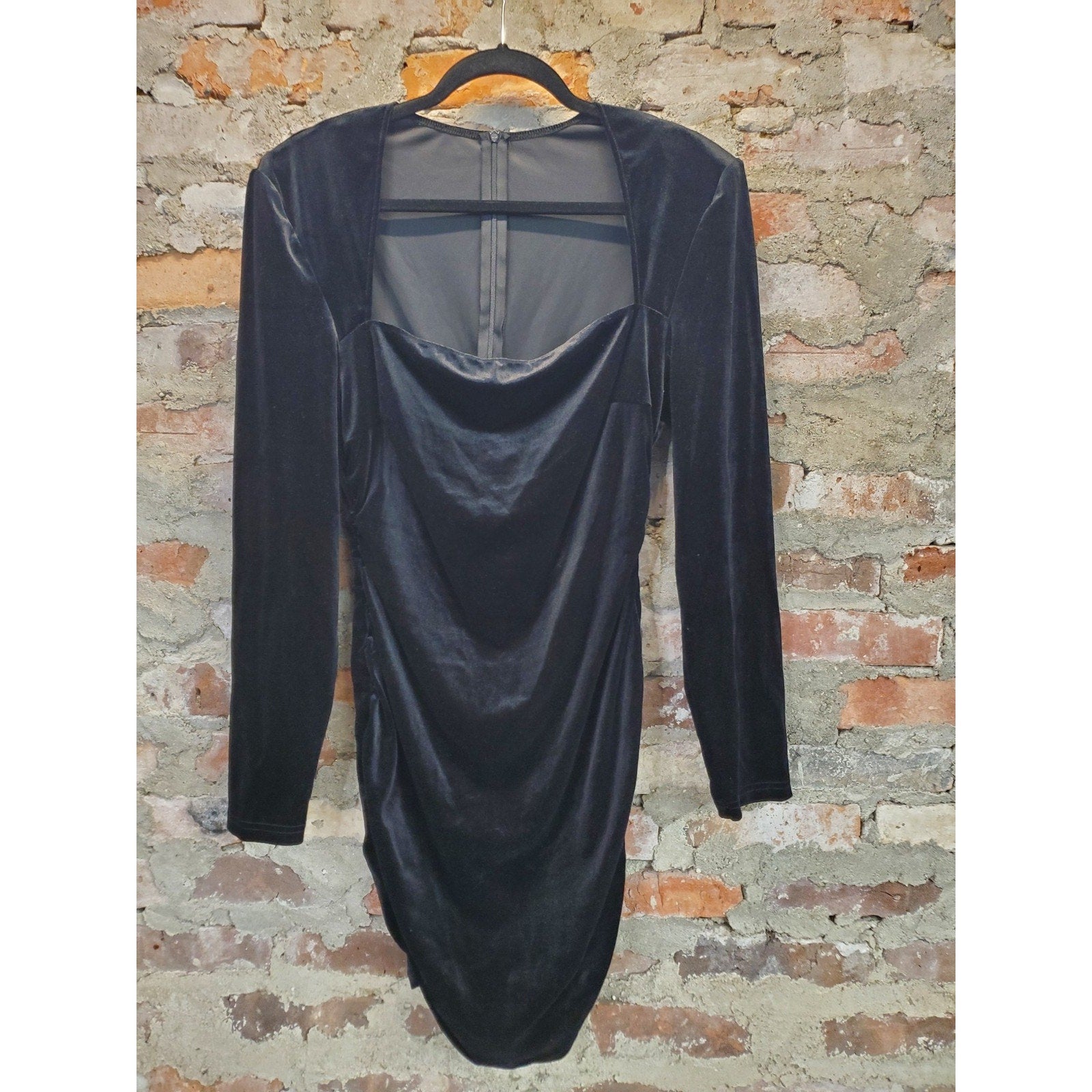 Womens XL Black Velvet Mini Dress Long Sleeve Square Neck Ruched Bodycon Party