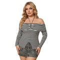 SweatyRocks Womens Sz Large Off Shoulder Top Black White Striped Long Sleeve