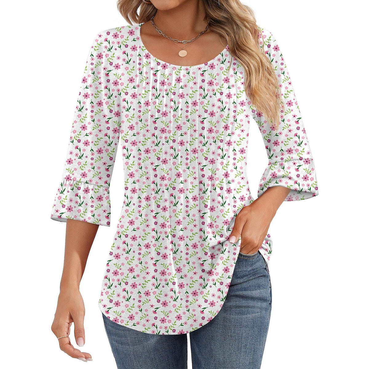 Ficerd Womens 3/4 Bell Sleeve Blouse S Small White Rose Red Floral Pleated