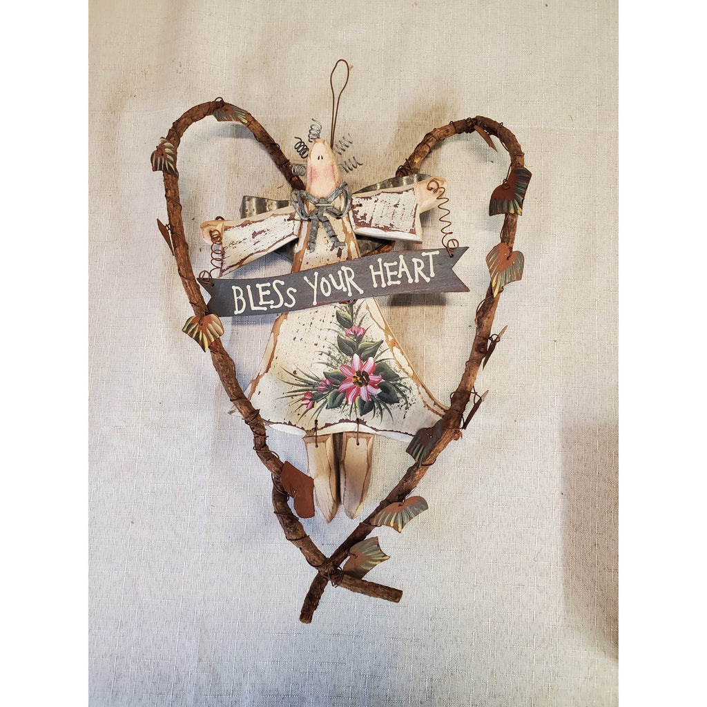 Angel Bless Your Heart Folk Art Wall Hanging Rustic Country Vine Decor